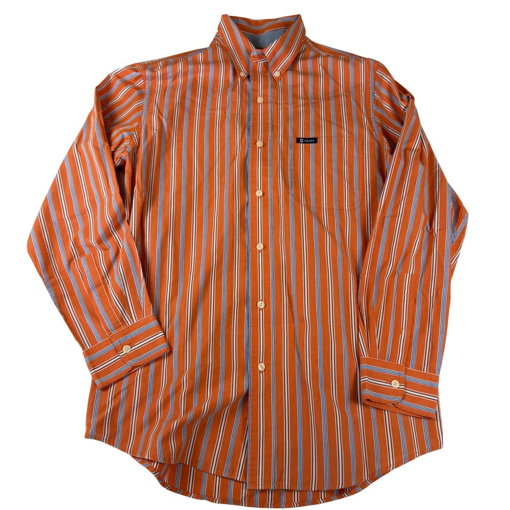 Chaps Mens Orange Blue Striped Easy Care Button Down Shirt Medium